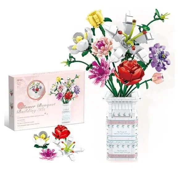 730 Piece Block Flowers Bouquet Building Set, 10 Artificial Flowers, with Vase - Picture 1 of 5